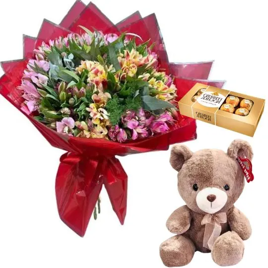 Ramo de astromelias rocher x8 y peluche